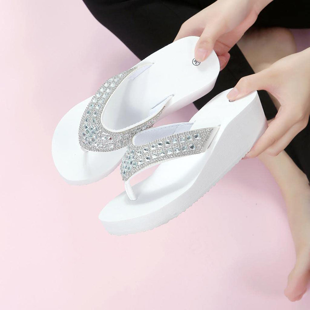 Rhinestone Decor Round Toe Flip Flops Wedge Slippers-Black