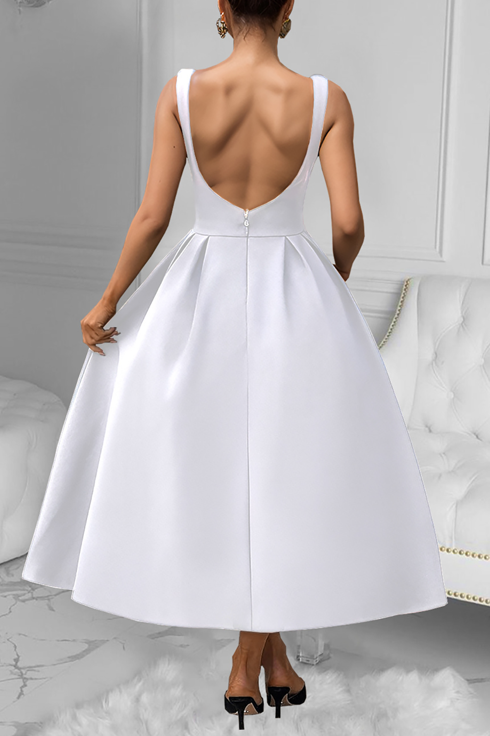 Solid Color Open Back A-Line Midi Tank Dresses-Black