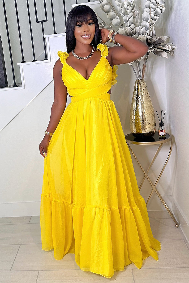 Ruffled Lace Up Backless Deep V Neck Tiered Maxi Dresses