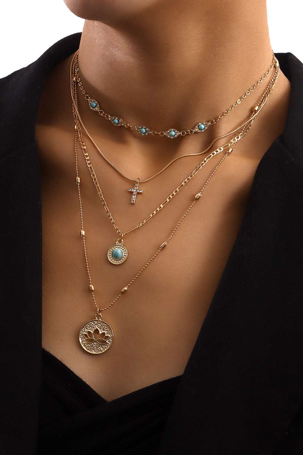 Cutout Flower Cross Mixed Pendants Fashionable Four-Layered Necklace