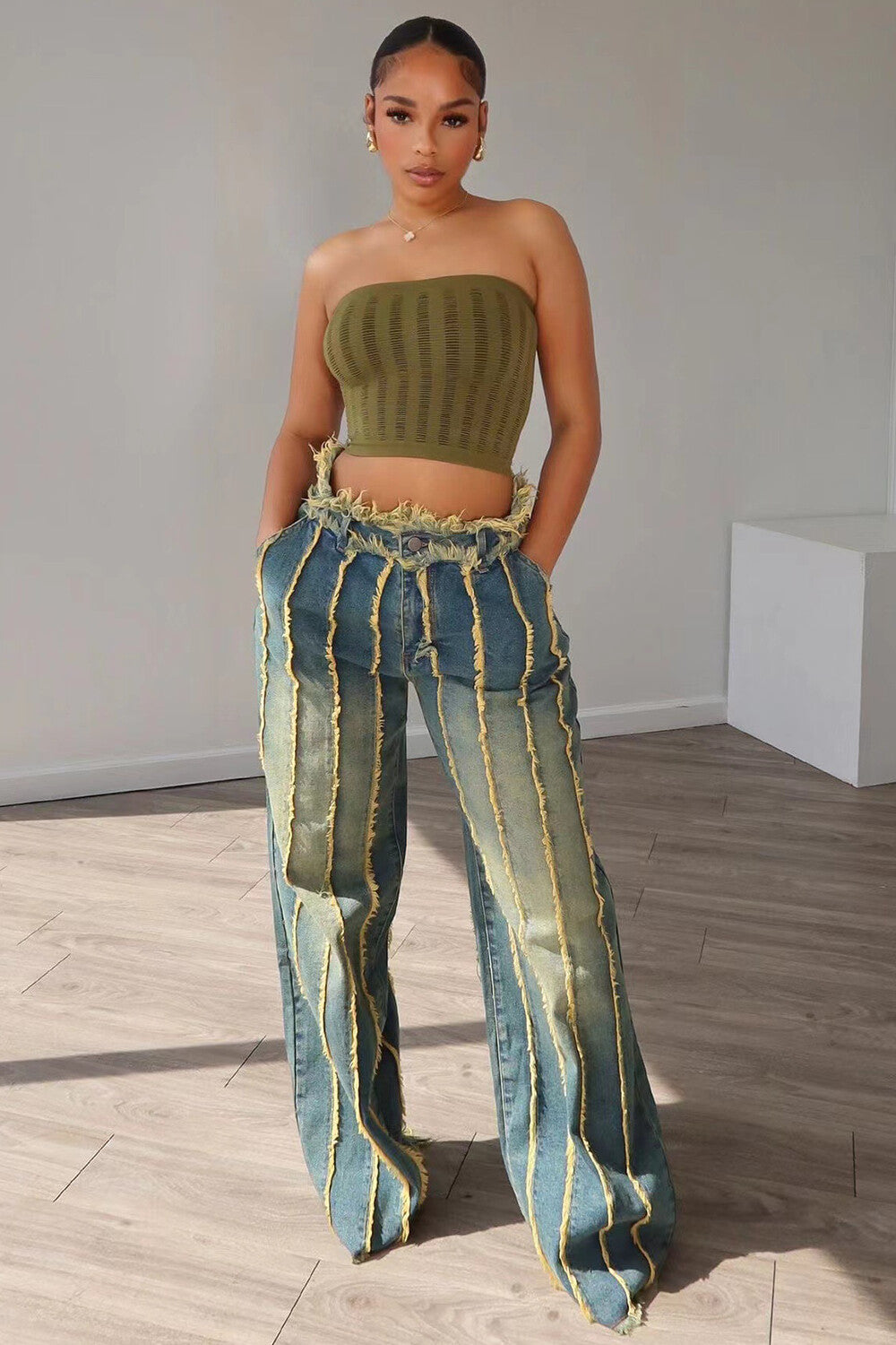 Raw Edge Distressed Denim High Waist Wide Leg Jeans-Blue