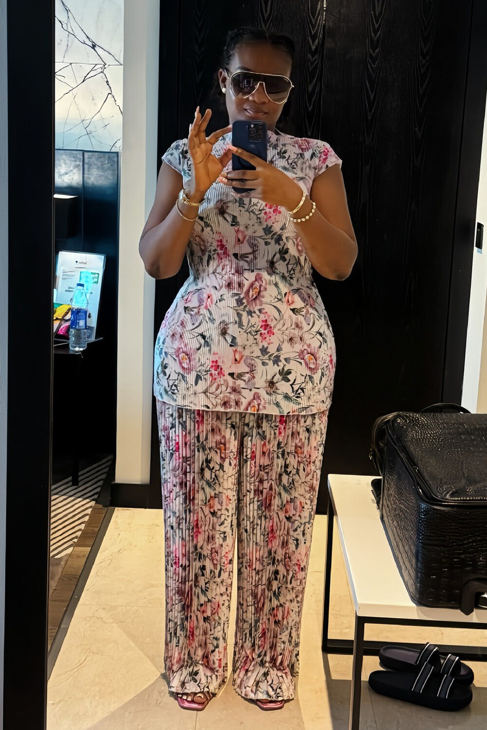 Pleated Floral Print Short Sleeve Cinch Waist Top Wide Leg Pants 2pcs Set-Pink