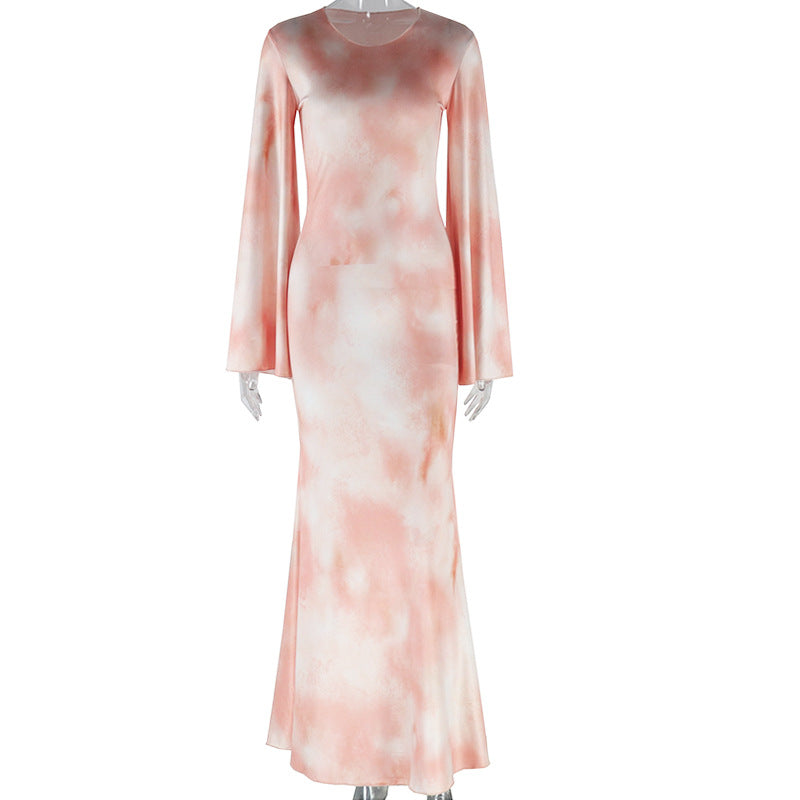 round Neck Dress Printed Bell Sleeve Slim Fit Pullover Street Mid-Rise Fishtail Dress