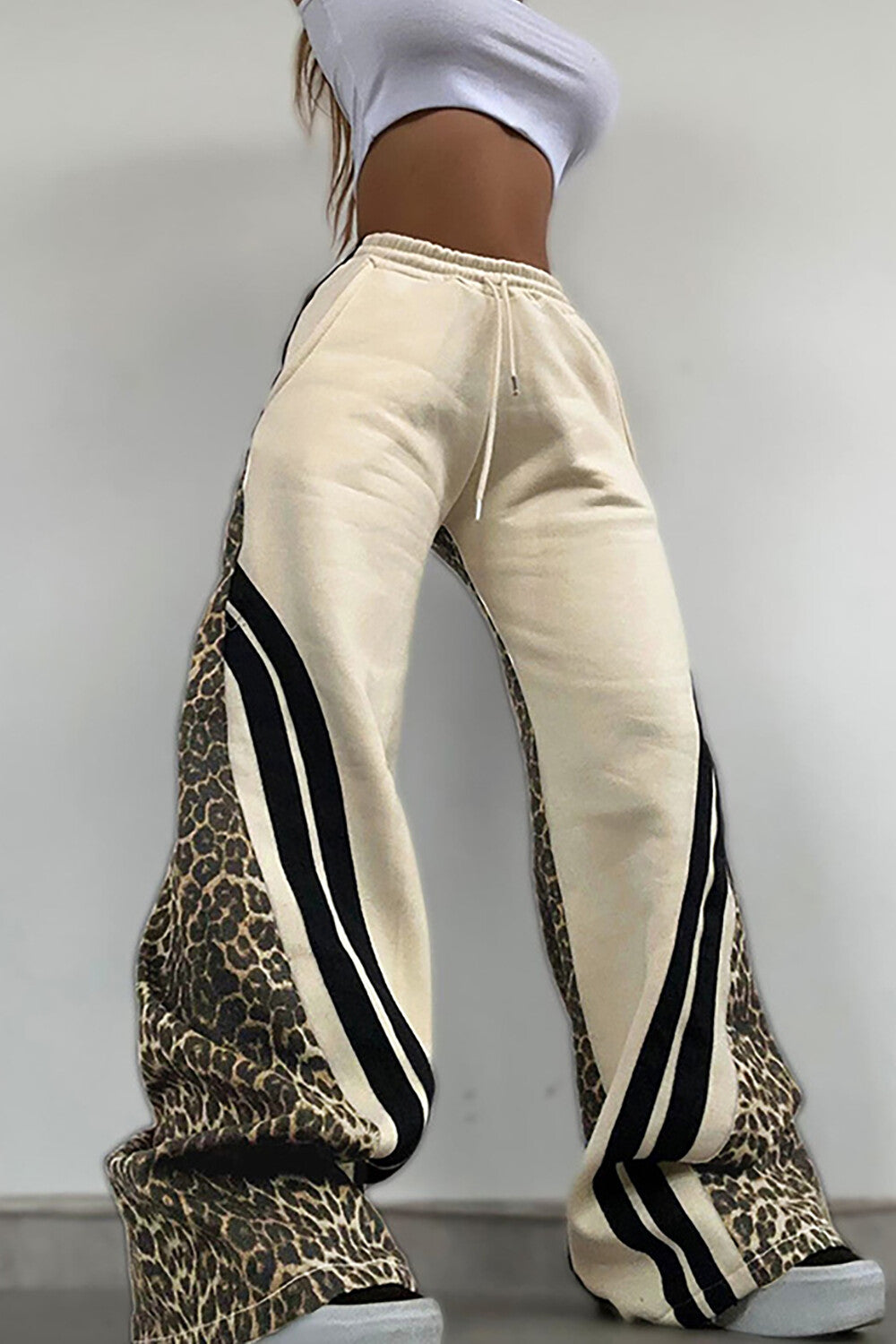 Leopard Print Striped Wide Leg Casual Pants-Beige