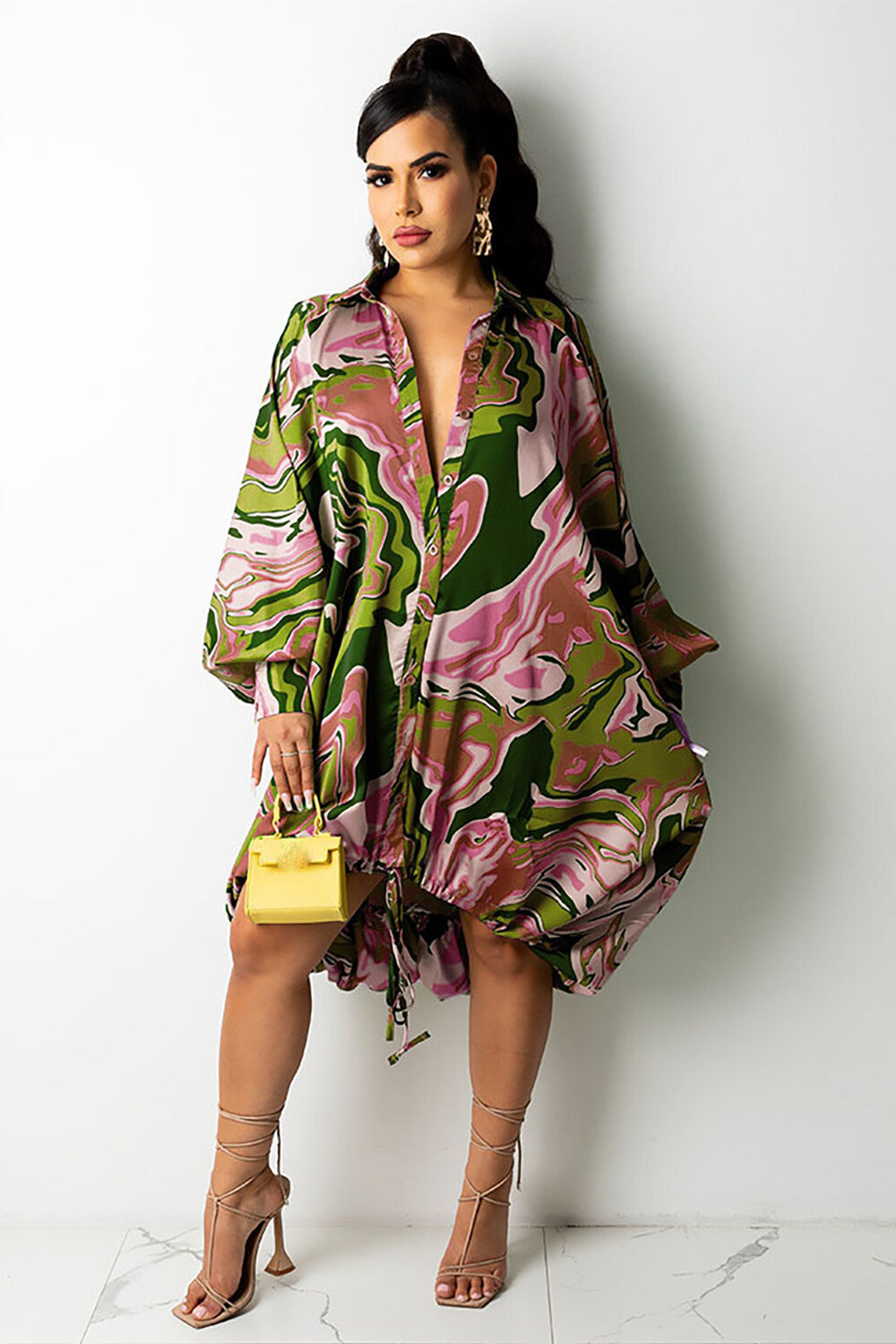 Graphic Print Lantern Sleeve Button Up Loose Fit Midi Shirt Dresses-Green