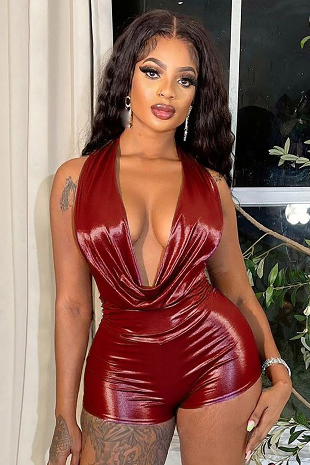 Cowl Neckline Halter Bronzing Skinny Playsuit Romper-Burgundy
