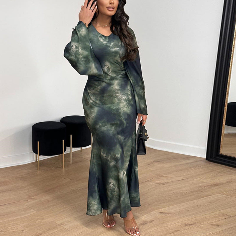 round Neck Dress Printed Bell Sleeve Slim Fit Pullover Street Mid-Rise Fishtail Dress