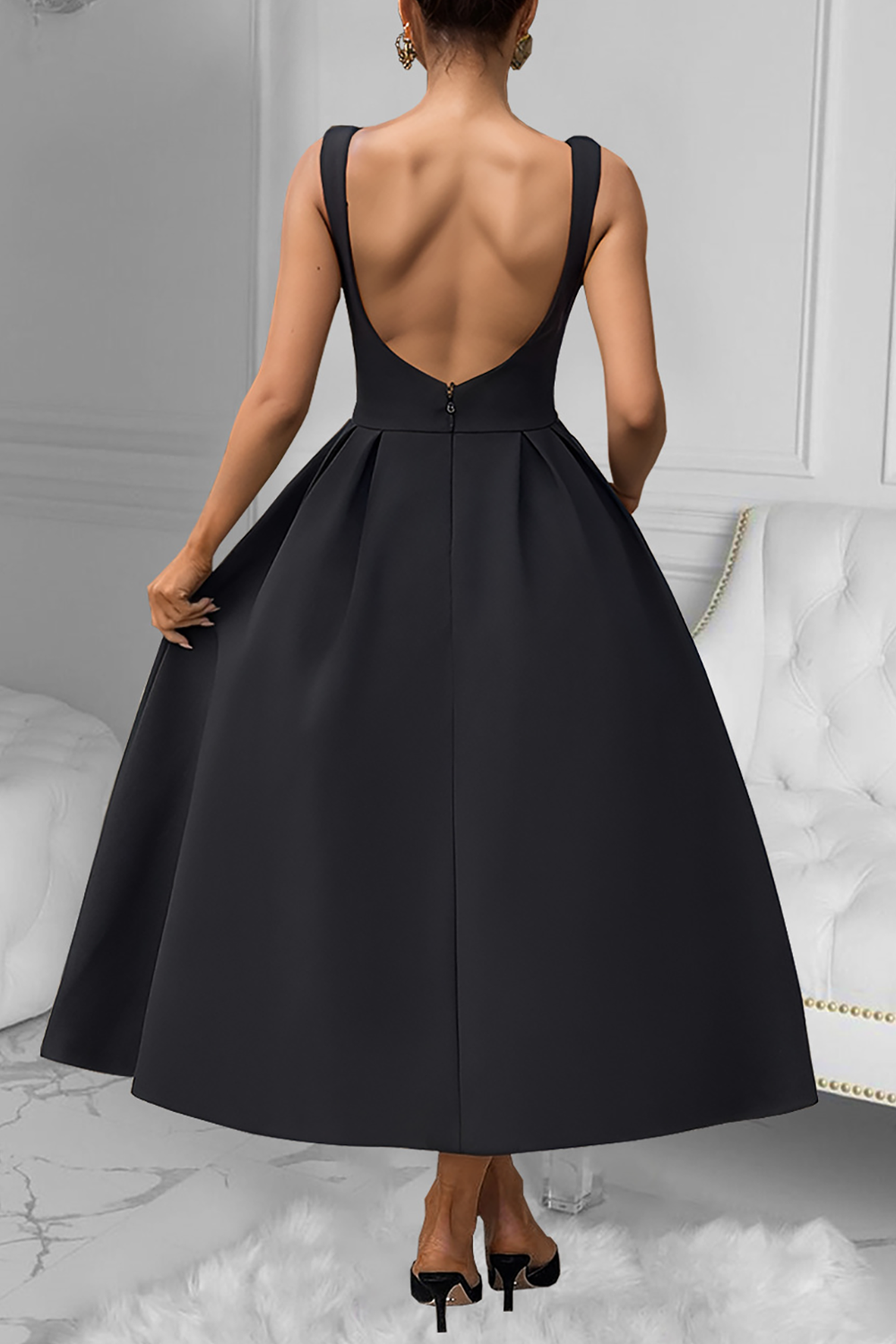 Solid Color Open Back A-Line Midi Tank Dresses-Black