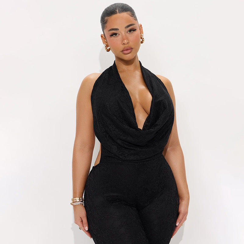 Women's Lace Swing Collar Halter Bare Back Tight One-Piece Cropped Trousers Jumpsuit