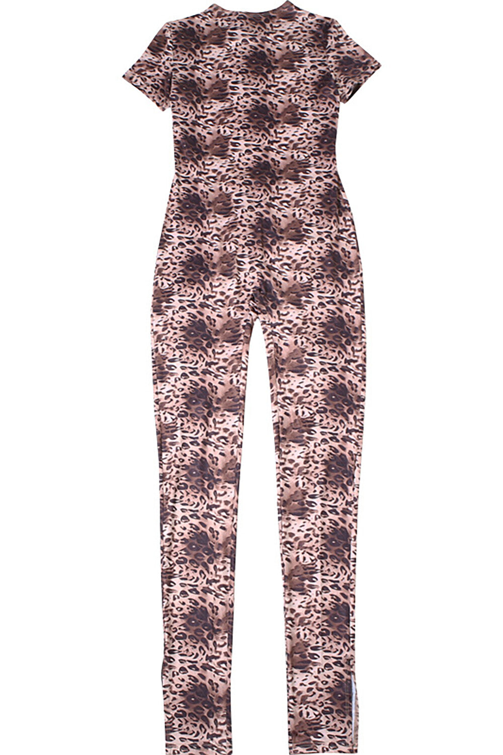 Leopard Print Slim Fit Short Sleeve Open Back Jumpsuit-Brown
