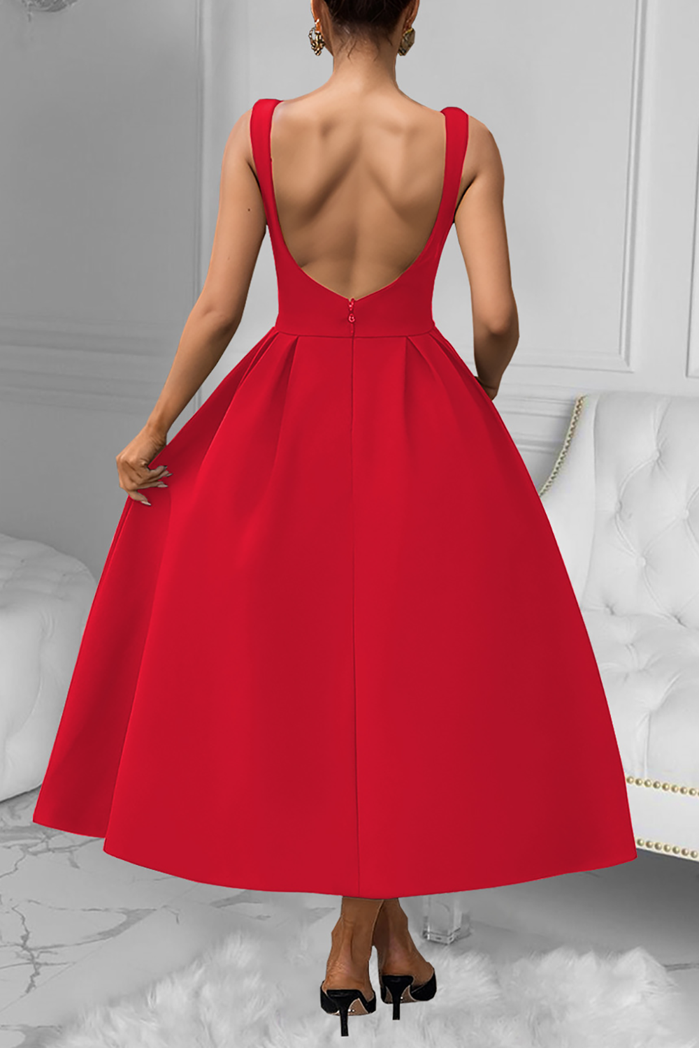 Solid Color Open Back A-Line Midi Tank Dresses-Black