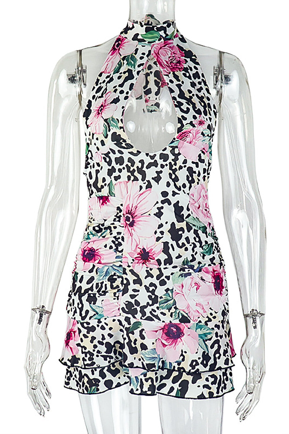 Leopard Floral Print Halter Neck Cutout Ruffled Hemline Mini Dresses-Beige