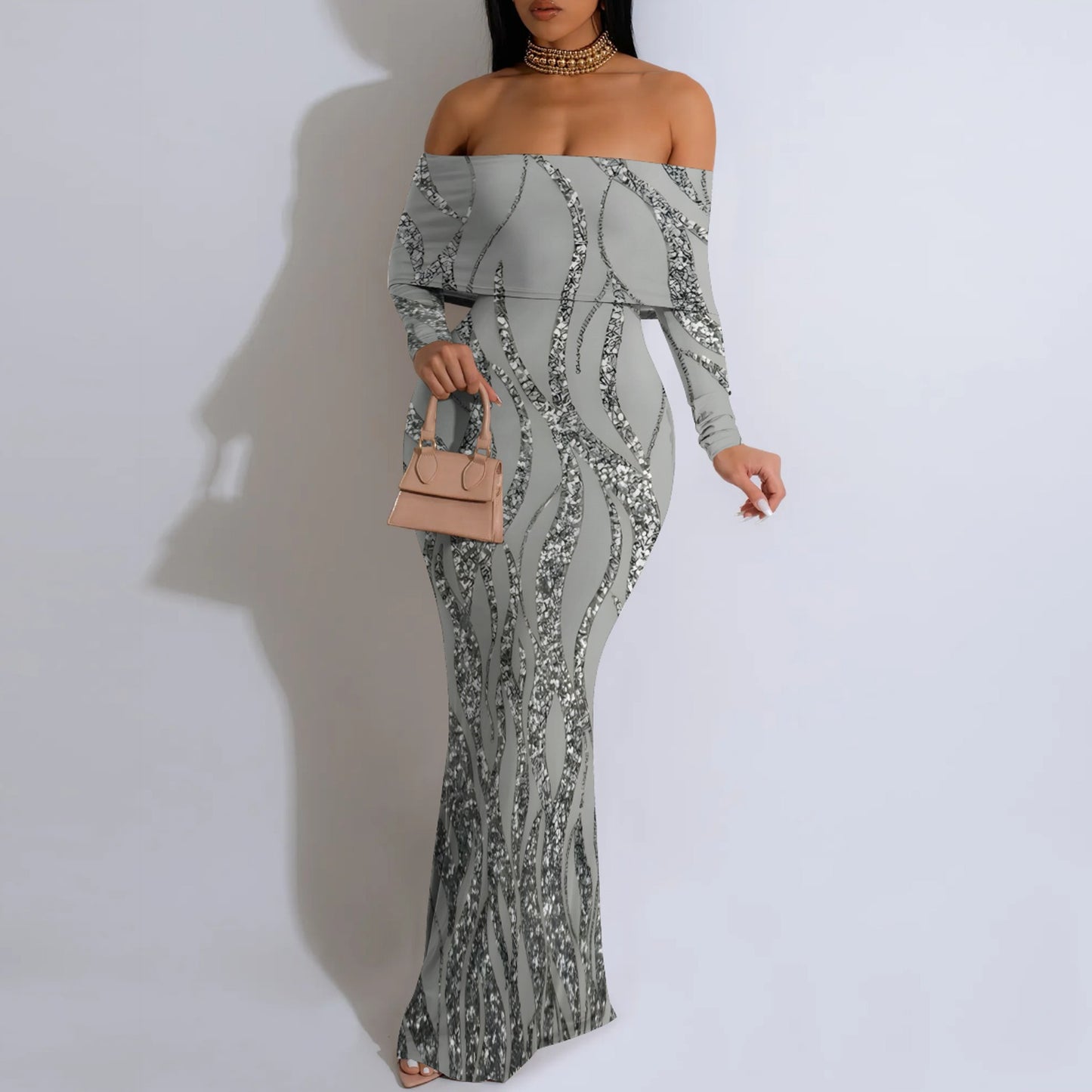 Women's Elegant off-Neck Evening Dress Printed Black Dress