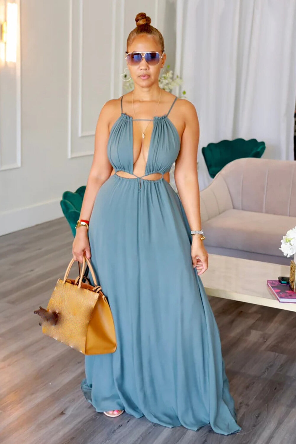 Sleeveless Cutout Solid Color Vacation Slip Maxi Dresses-Green