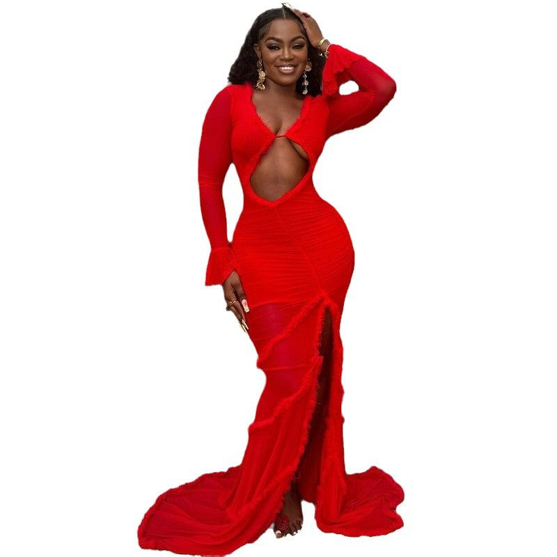 Women's Fashion Formal Dress New Hollow Slim Fishtail Mop Dress Women