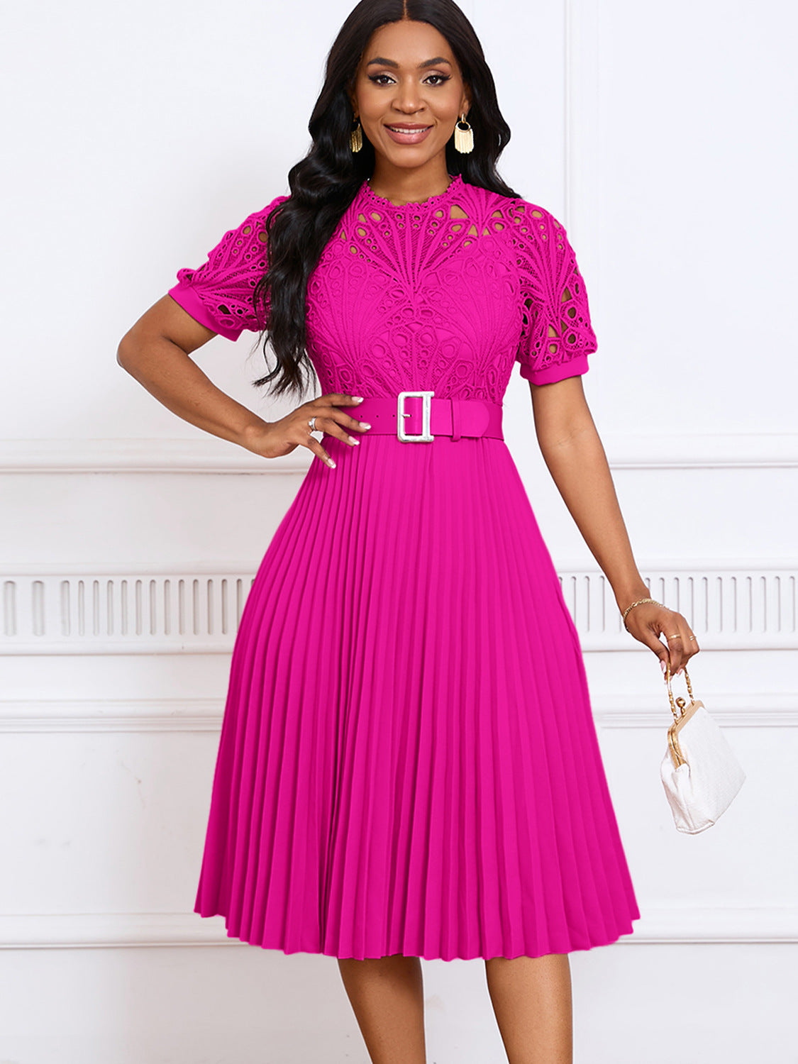 Women's Short-Sleeved Lace Stitching Pleated Dress Cross-Border Dress