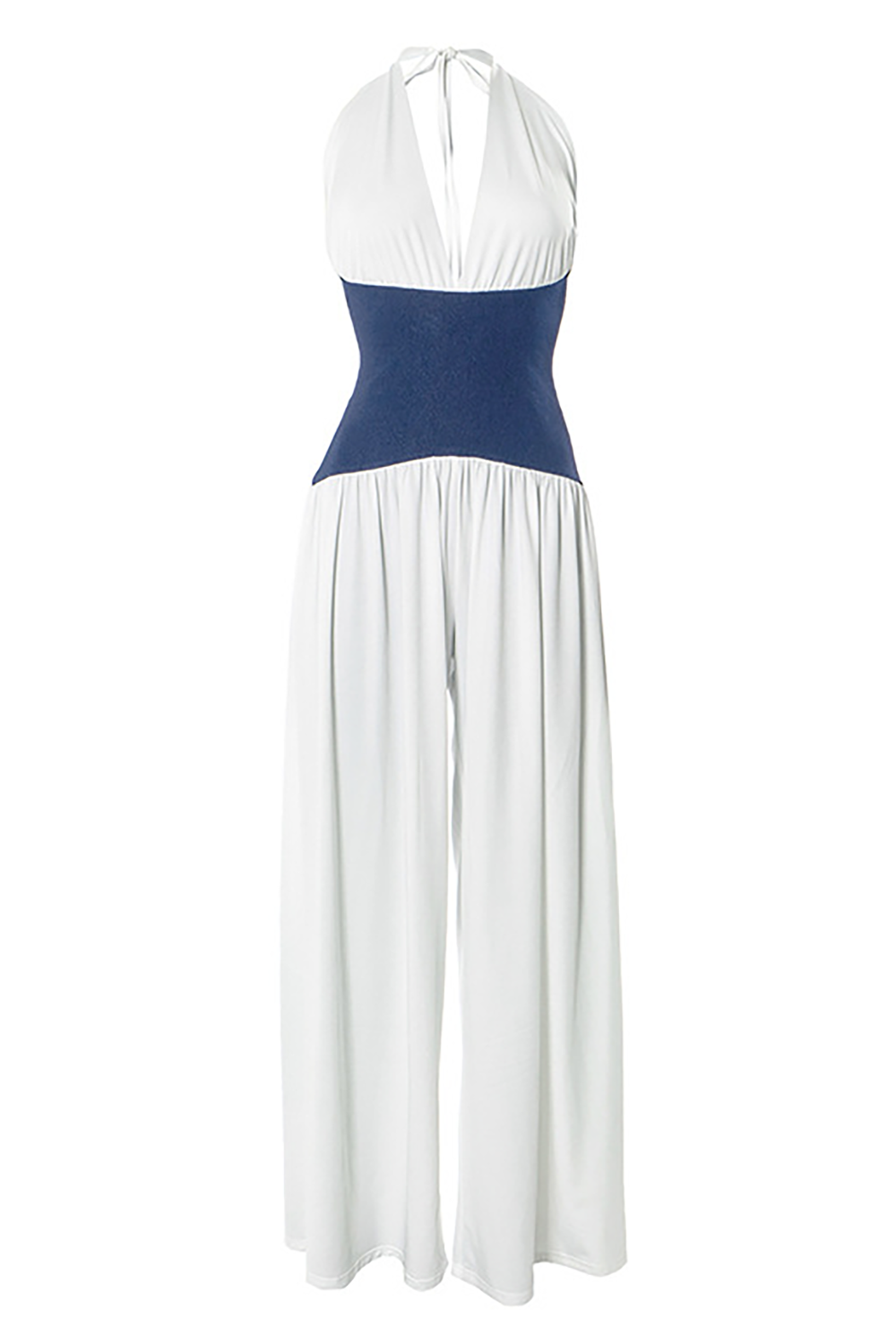 Colorblock Cinch Waist V Neck Halter Wide Leg Jumpsuit-White