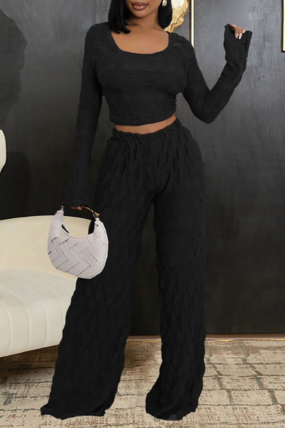 U Neck Long Sleeve Crop Top Textured Wide Leg Pants Matching Set-Brown