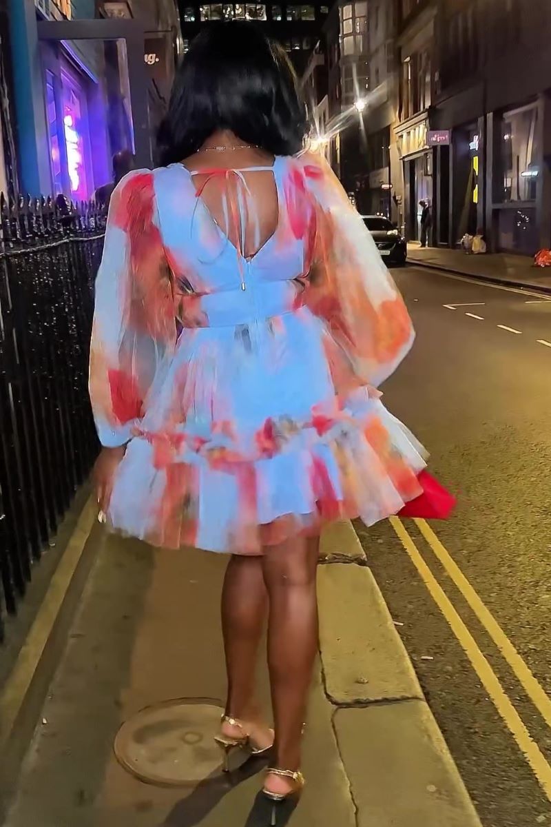 V Neck Print Mesh Bell Sleeve Tulle Hem Party Mini Dresses-Blue