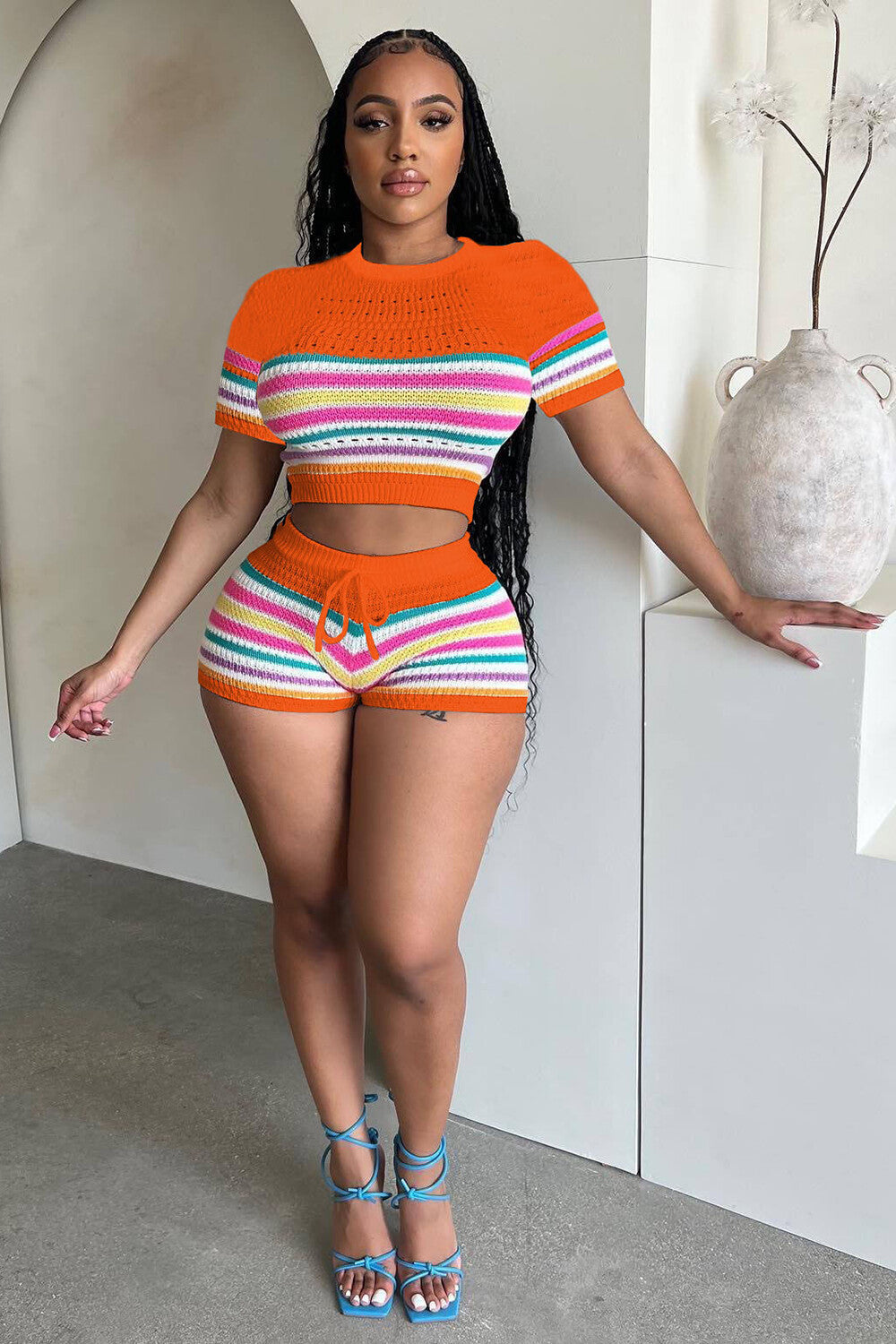 Multicolor Striped Knit Short Sleeve Crop Top Slim Fit Shorts 2pcs Set-White