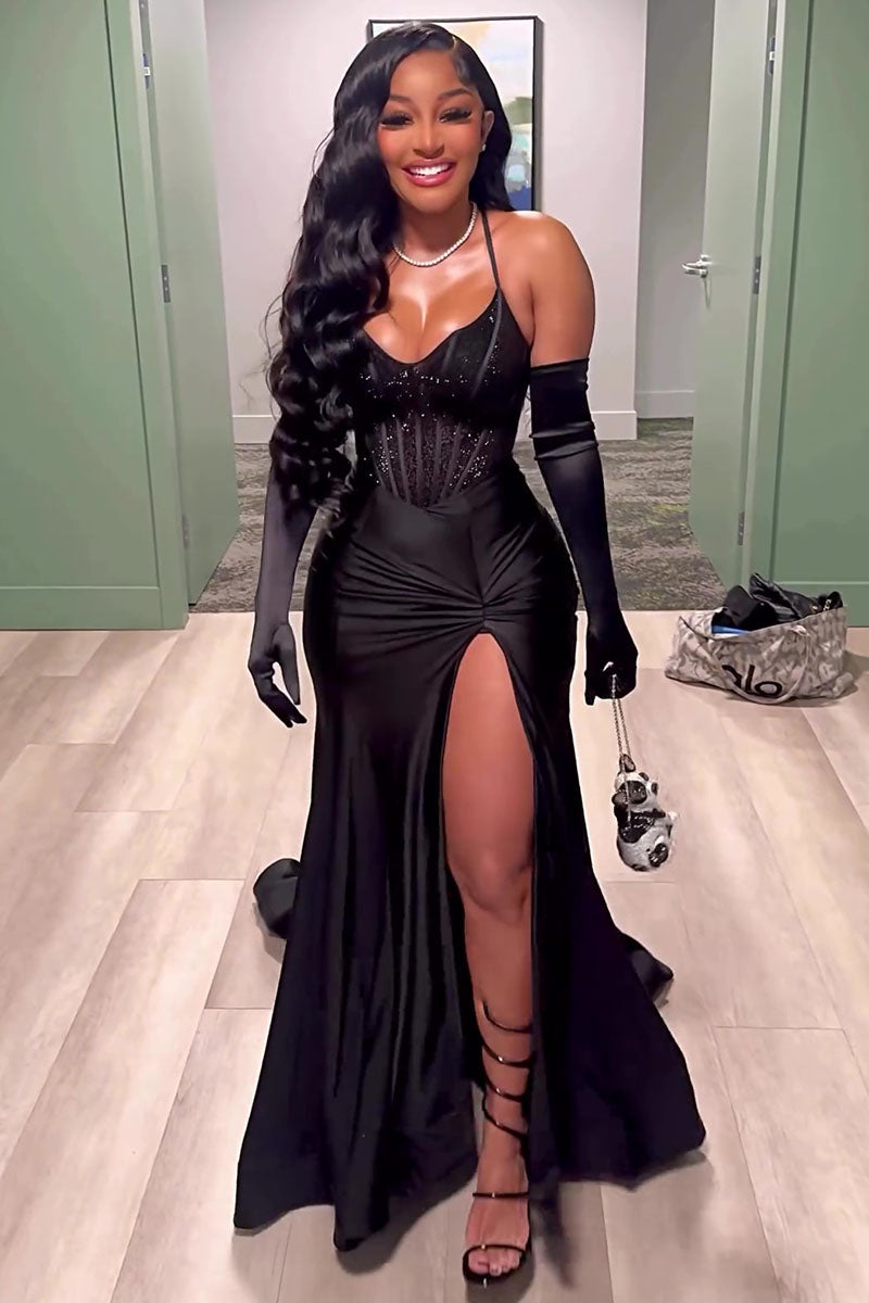 Tiktok Halter Mermaid Hem High Slit Party Corset Maxi Dresses-Black