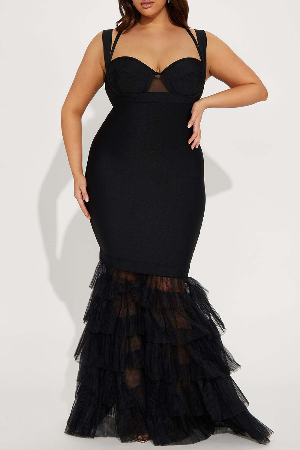 Tulle Patchwork Tiered Ruffled Fishtail Hem Bodycon Slip Maxi Dresses-Black