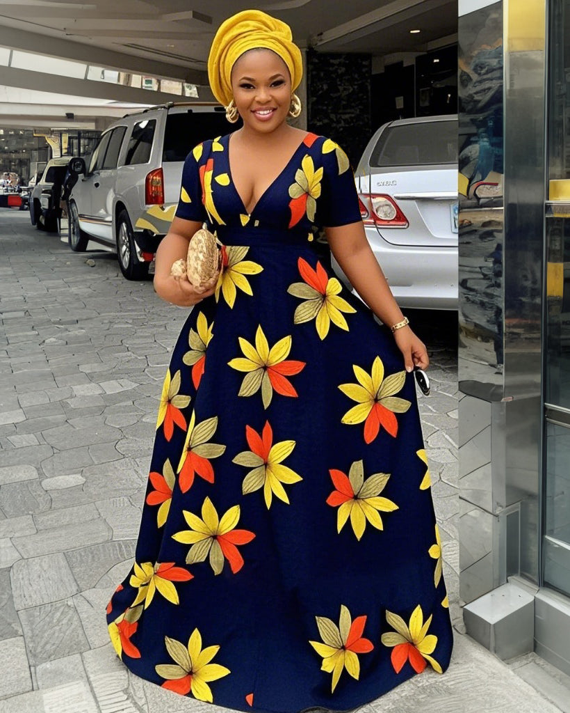 V Neck Yellow Flowers Art Short Sleeve Maxi Dress