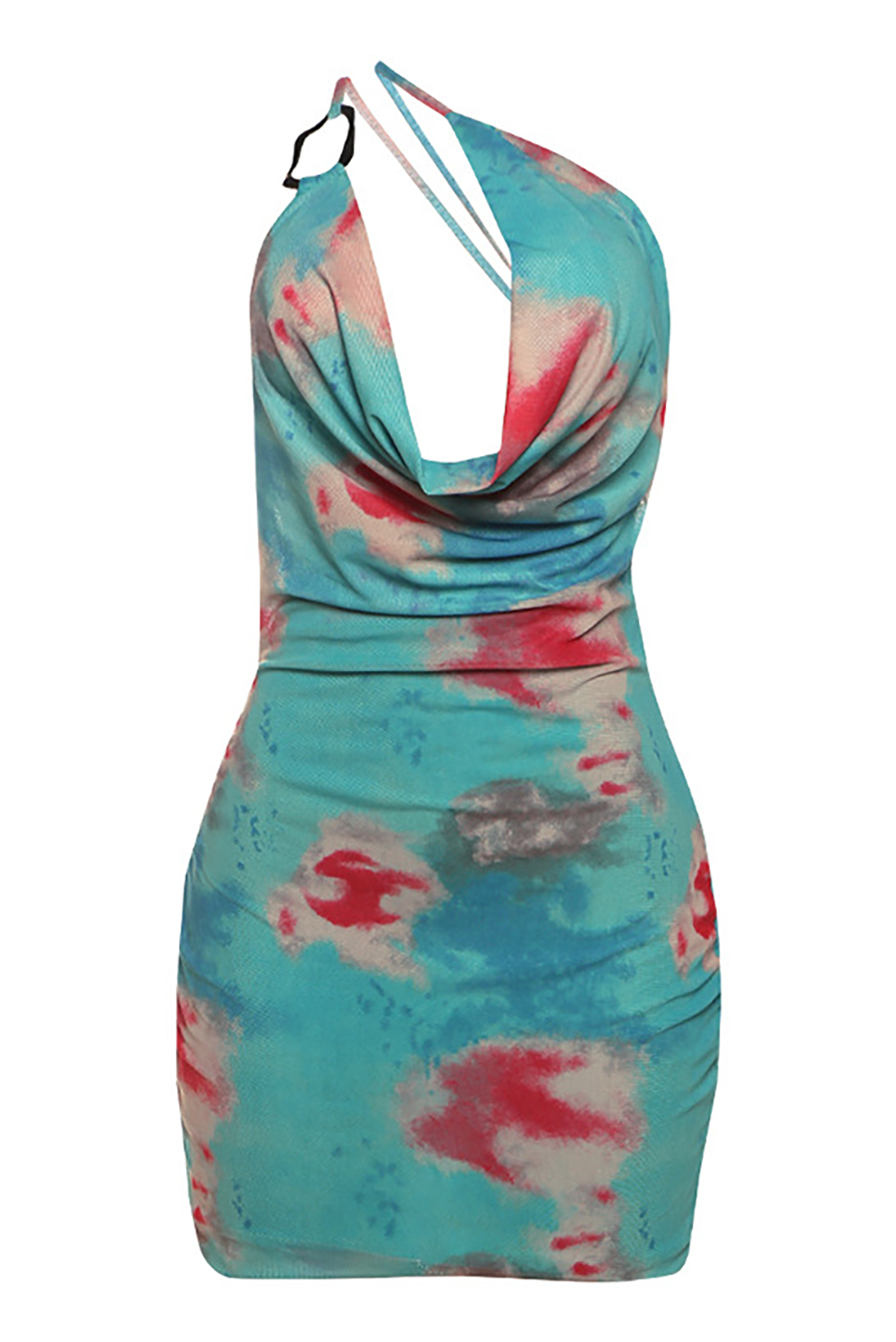 One Shoulder Cutout Cowl Neckline Floral Print Fitted Mini Dresses-Blue