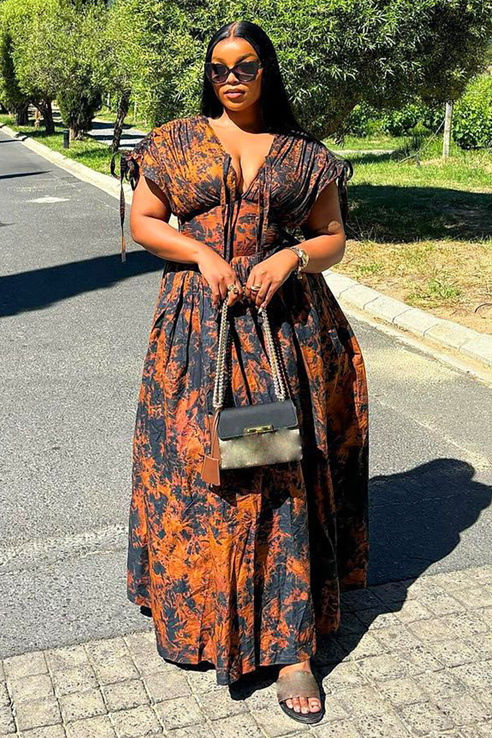 Abstract Print Deep V Neck Tie Up Short Sleeve Cinch Waist Maxi Dresses-Orange