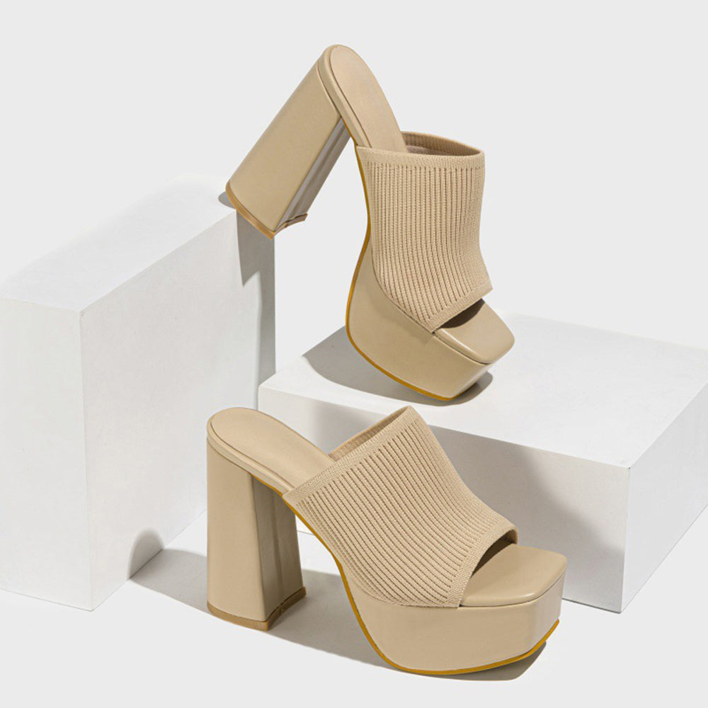 Knitted Solid Color Open Toe Slip On Platform Chunky Heels-Green