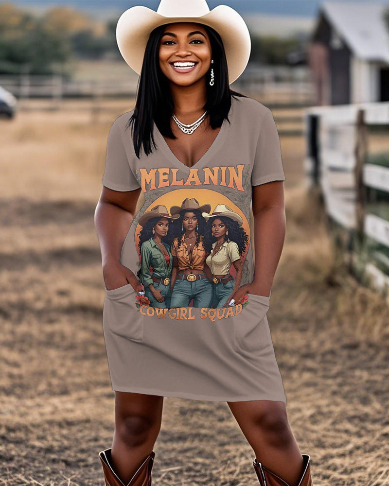 Melanin Squad Cowgirl Casual V-neck Pocket Dress