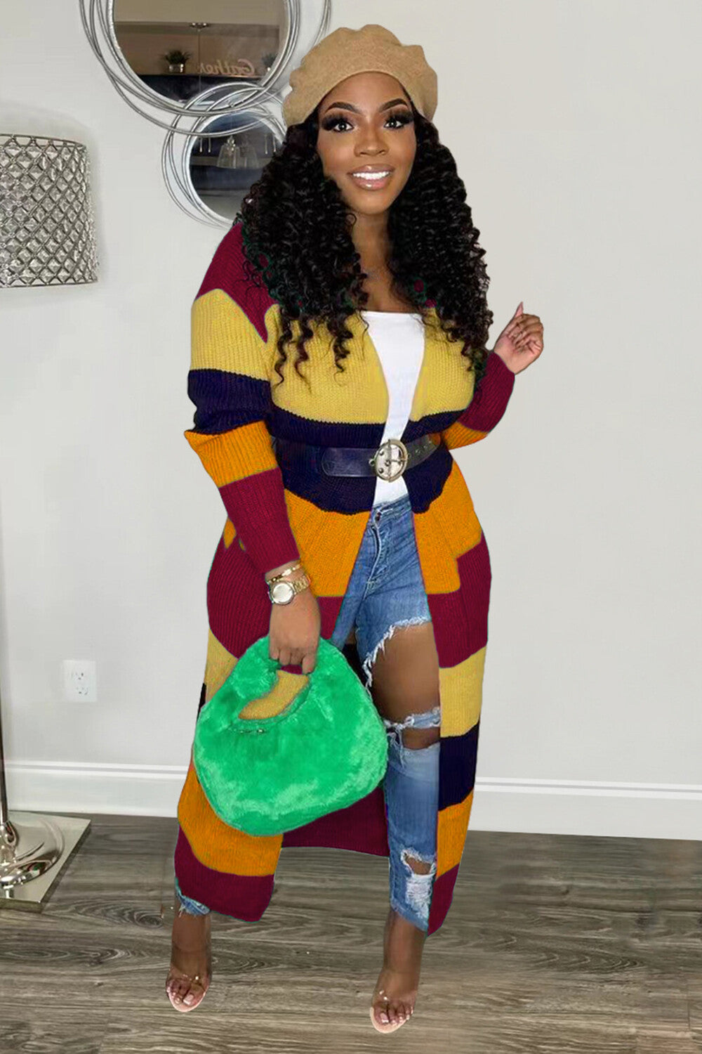Colorblock Knit Long Sleeve Sweater Long Cardigan-Green