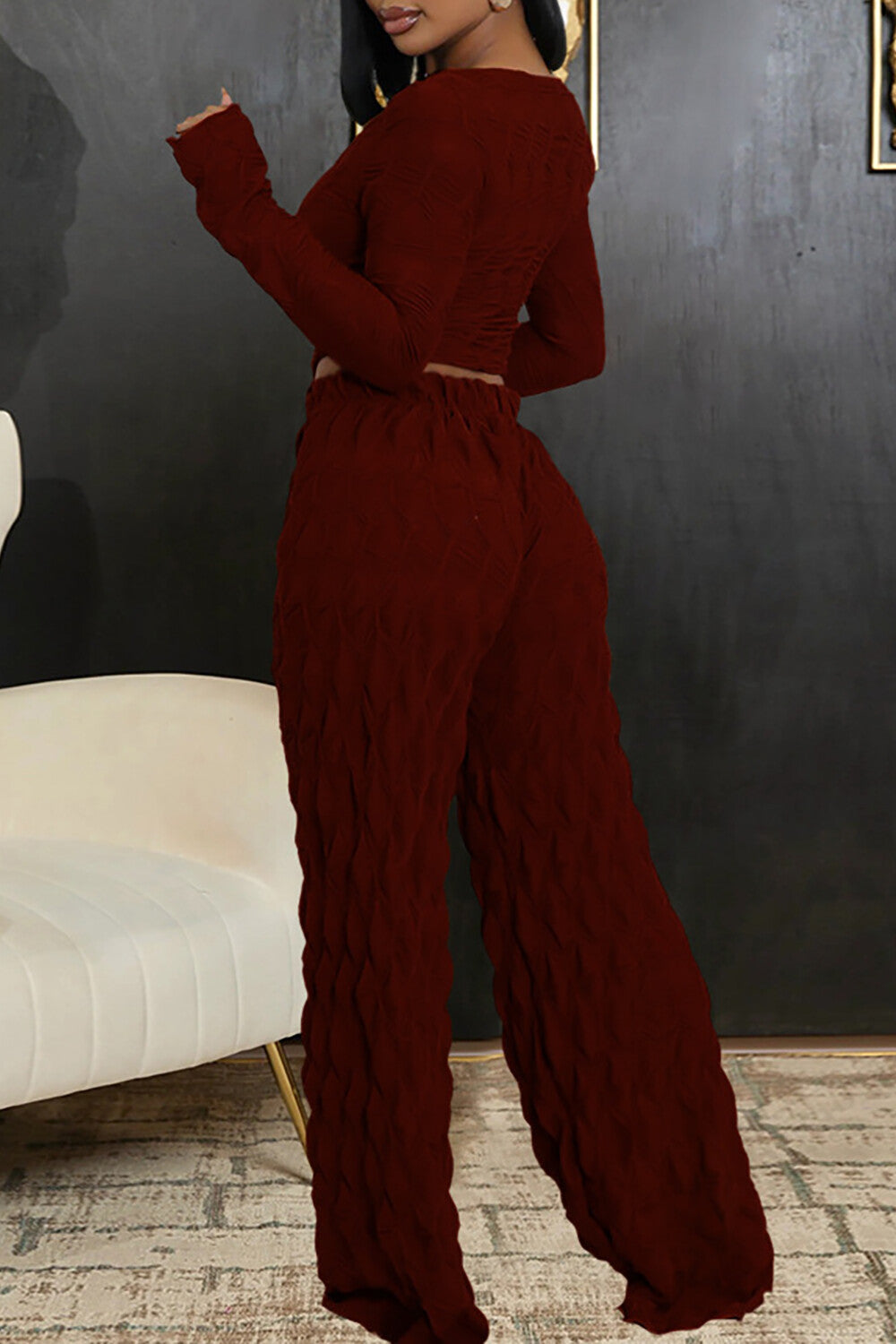 U Neck Long Sleeve Crop Top Textured Wide Leg Pants Matching Set-Brown