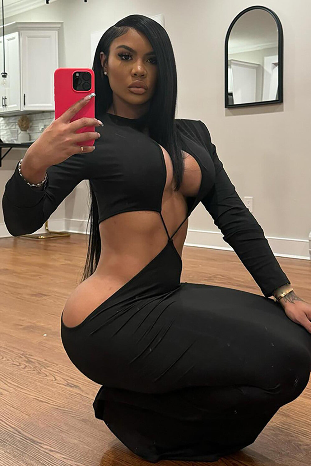 Cutout Round Neck Long Sleeve Bodycon Party Maxi Dresses-Black