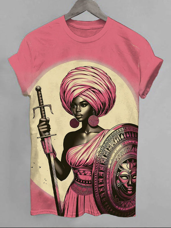 Women's Black Female Warrior Art Print Casual T-Shirt