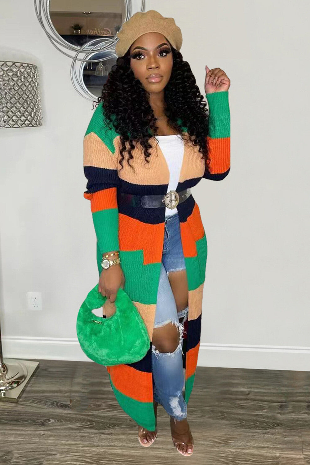 Colorblock Knit Long Sleeve Sweater Long Cardigan-Green