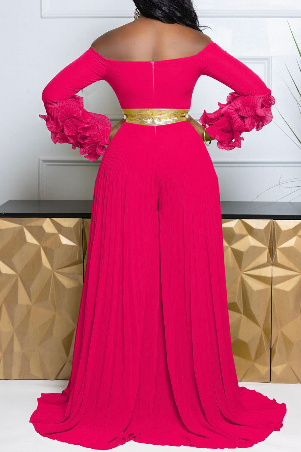 Off Shoulder Ruffled Long Sleeve Pleated Wide Leg Jumpsuit-Yellow