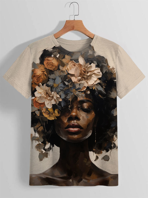 Women's Black Woman Flowers Oil Painting Art Printed Casual T-Shirt