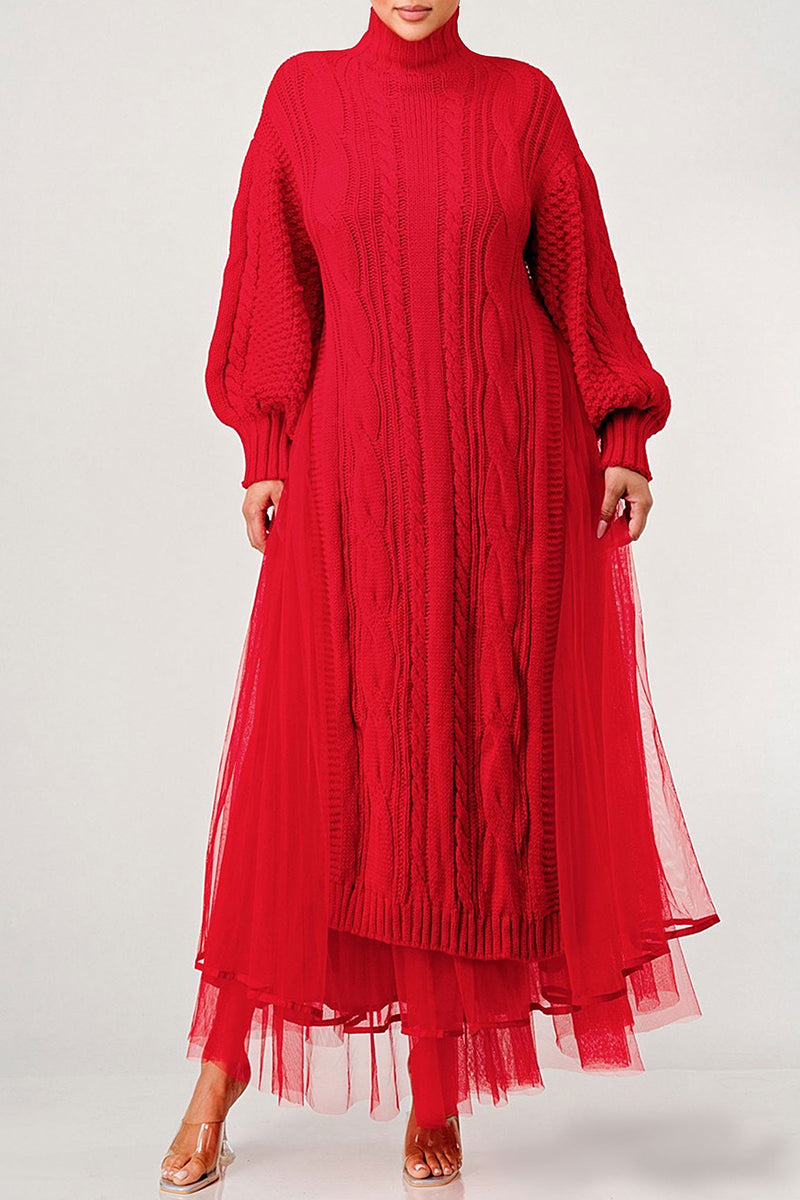 Weave Pattern Knit Lantern Sleeve Slit Maxi Dresses Tulle Maxi Skirt Matching Set