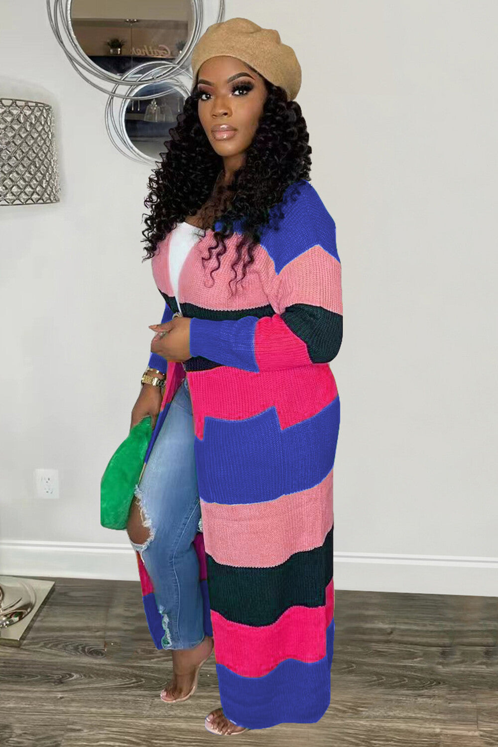 Colorblock Knit Long Sleeve Sweater Long Cardigan-Green