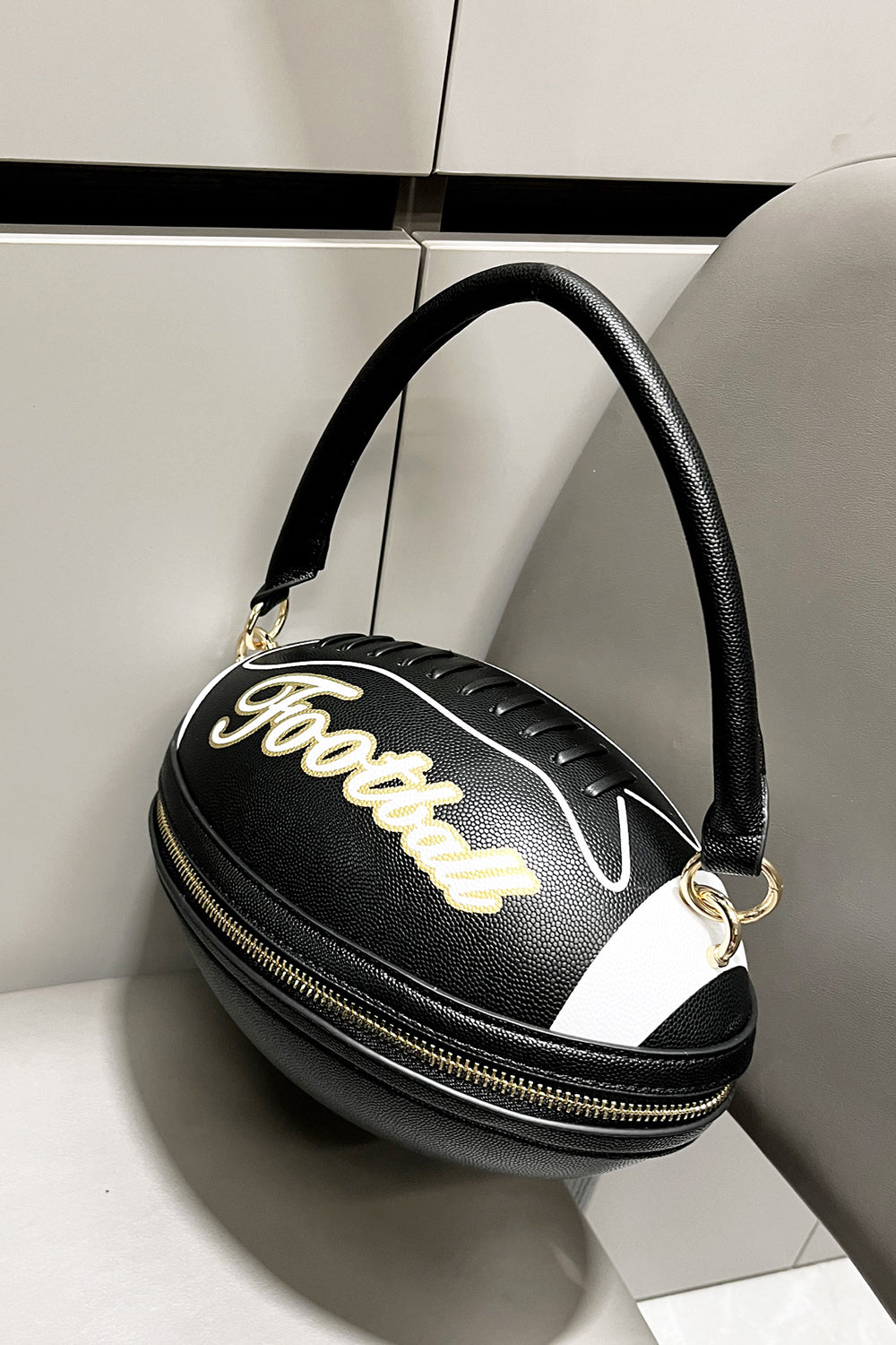 Letter Colorblock Print Zipper American Football Shaped Handbag