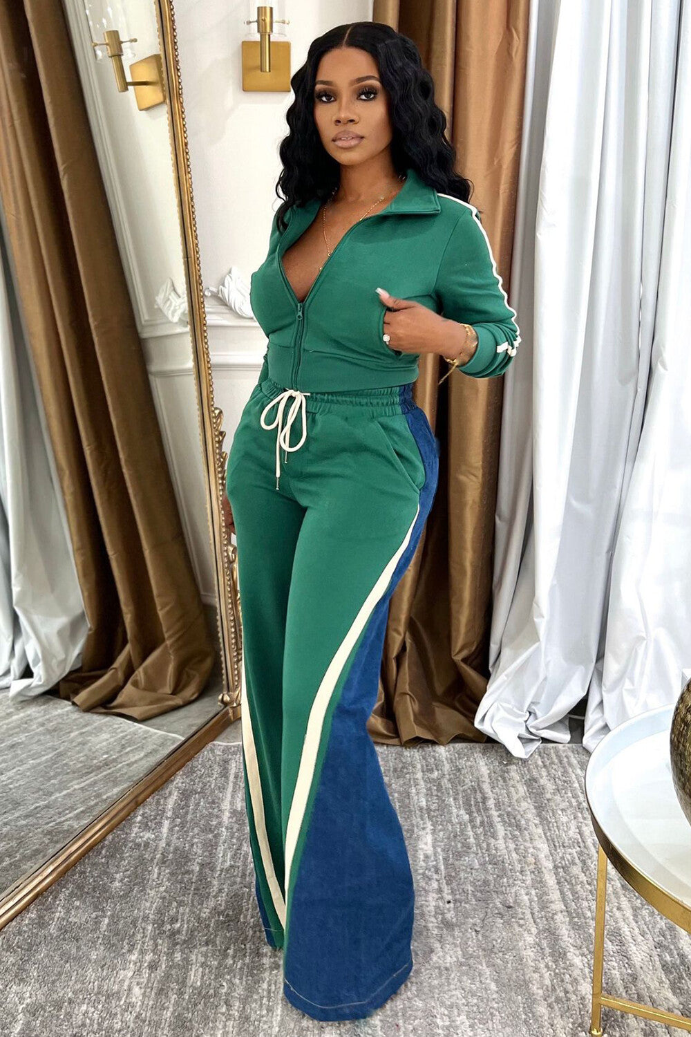 Zipper Pocket Crop Track Jacket Denim Patchwork Tie Up Pants 2pcs Set-Green