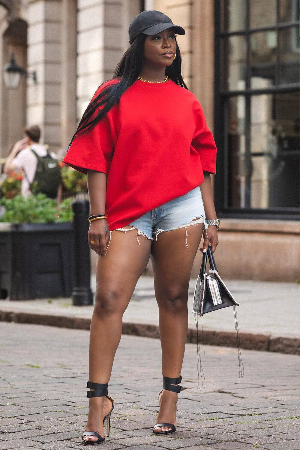 Solid Color Half Sleeve Round Neck Loose-Fitting Casual T-shirt-Red