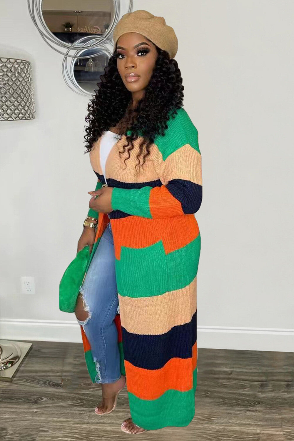 Colorblock Knit Long Sleeve Sweater Long Cardigan-Green