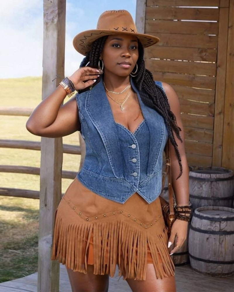 Melanin Rodeo Queen Single-Breasted Casual Denim Waistcoat