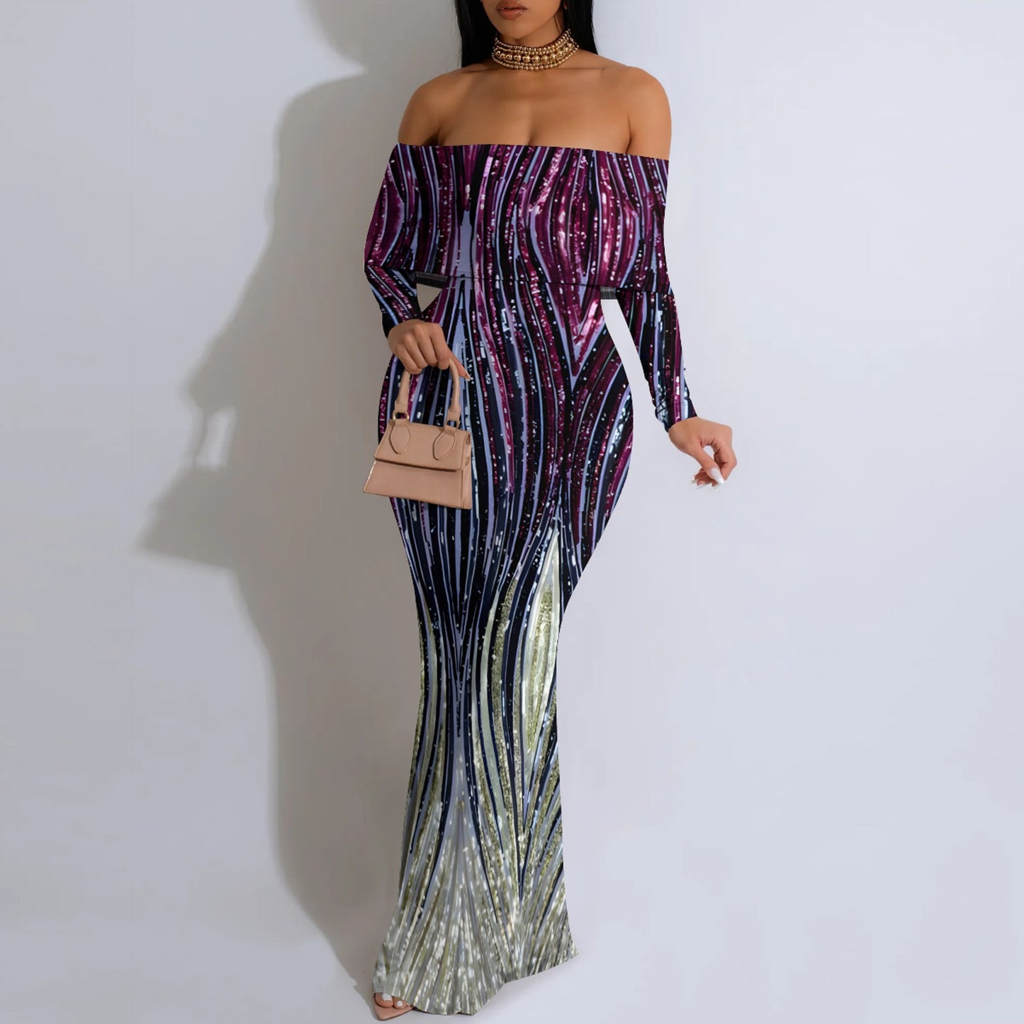 Women's Elegant off-Neck Evening Dress Printed Black Dress