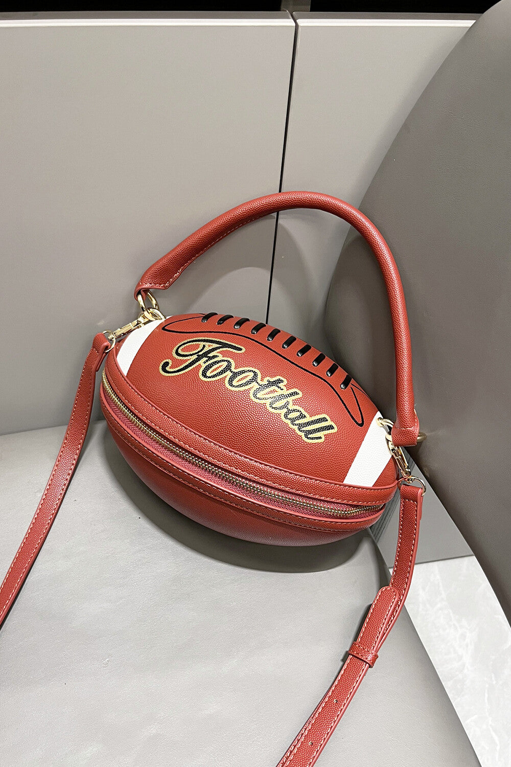 Letter Colorblock Print Zipper American Football Shaped Handbag