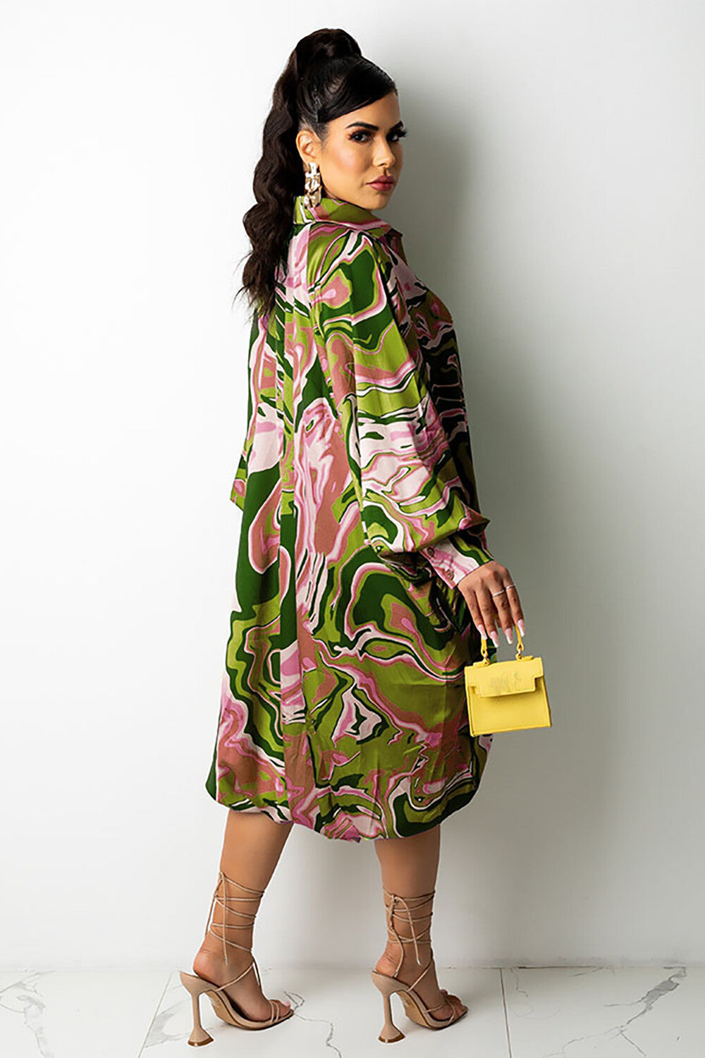 Graphic Print Lantern Sleeve Button Up Loose Fit Midi Shirt Dresses-Green