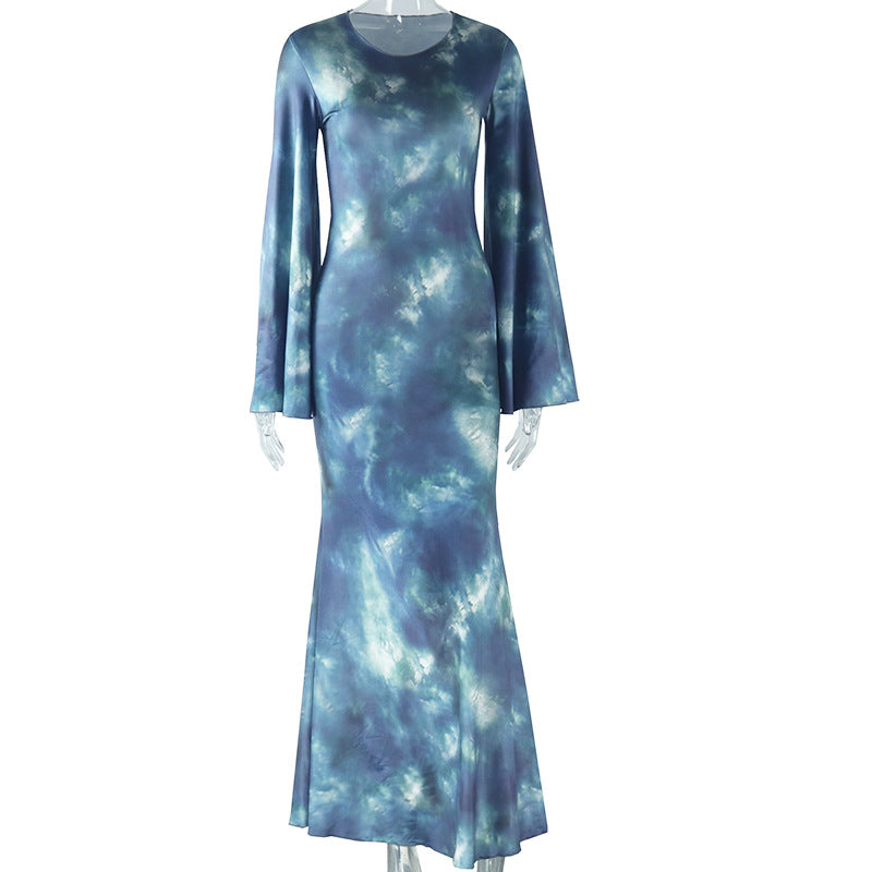 round Neck Dress Printed Bell Sleeve Slim Fit Pullover Street Mid-Rise Fishtail Dress