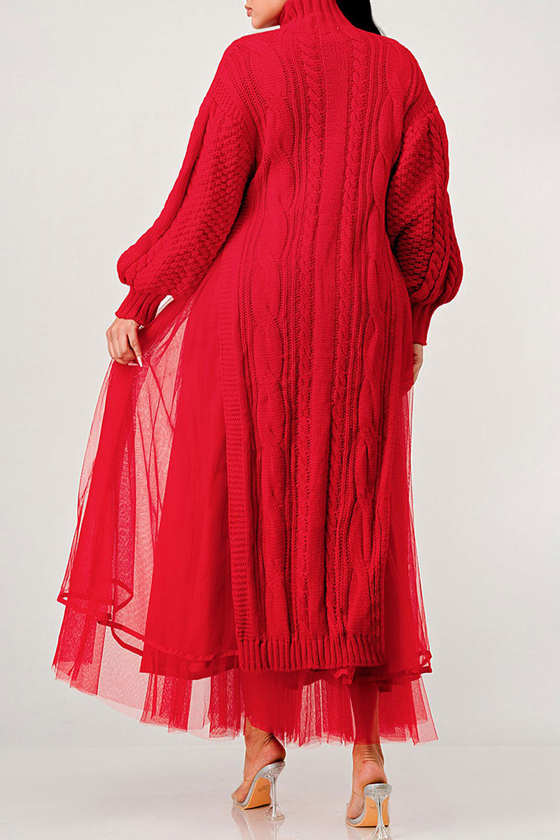 Weave Pattern Knit Lantern Sleeve Slit Maxi Dresses Tulle Maxi Skirt Matching Set